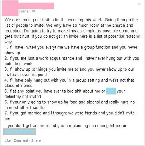 Noiva publica no Facebook sete motivos pelos quais deixou amigos de fora da lista de casamento (Foto: Reprodução)