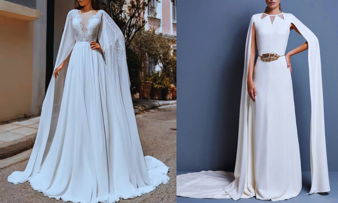 Deixe o drama tomar conta com um vestido de noiva com capa. Sofisticação e elegância em um só look